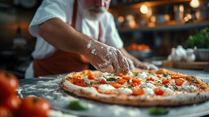 The chef prepares delicious, juicy, fragrant pizza