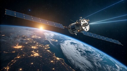 Satellite imaging in space transmitting data beams to Earth, deep space glow