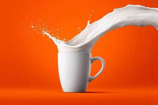 Naklejki Milk splash in mug, Dairy splash on orange, Conceptual food motion art