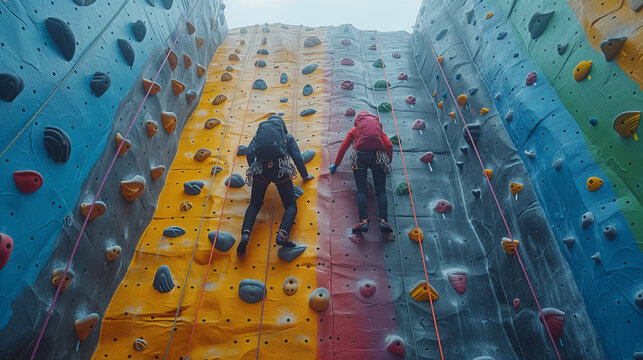 Exciting rock climbing competition on electric blue wall