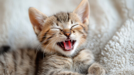 Domestic shorthaired cat with whiskers and fangs lying on soft fabric