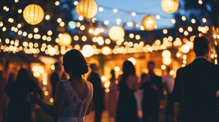 Evening party with string lights and lanterns