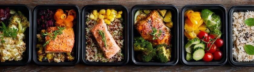 Sidebyside meal prep, endurance planner, A vibrant assortment of healthy meal prep boxes featuring fresh ingredients, protein-rich dishes, and colorful vegetables.