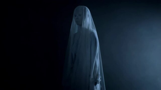 Mysterious figure in flowing veil moves with grace in low light setting