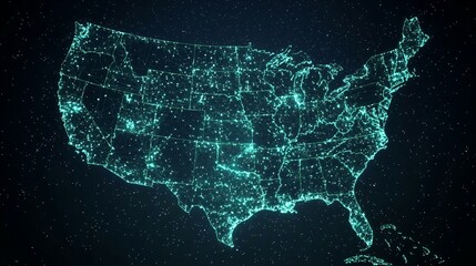 Digital map of the United States with glowing data points and light grid overlay, symbolizing global connectivity and digital nostalgia. Ideal for business marketing, tech innovation, and presentation