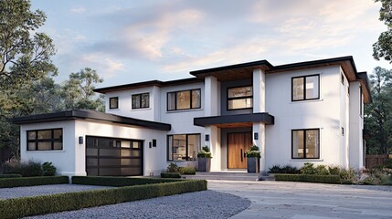 Fototapeta premium Contemporary Two-Storey White Stucco Farmhouse with Black Trim and Gravel Landscaping in Modern Minimalist Design – Photorealistic Front View