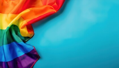  vibrant satin rainbow pride flag on turquoise background for equality concept, perfect for web design, lgbtq branding, social media banner, diversity awareness poster, or print campaign