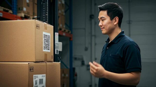 Asian man warehouse worker scanning QR code on box with handheld scanner. Modern inventory management system footage.