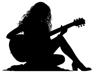 Silhouette of a woman sitting down and playing a guitar, isolated 