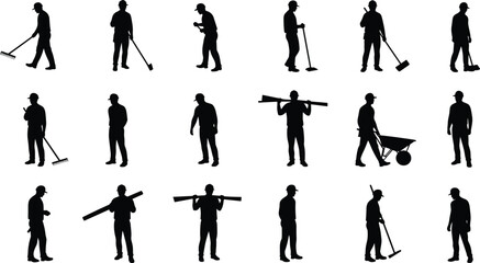 Construction worker silhouettes set, laborer vector collection, men with tools graphic, black building workers clipart, construction job poses, handyman silhouette pack, editable illustration