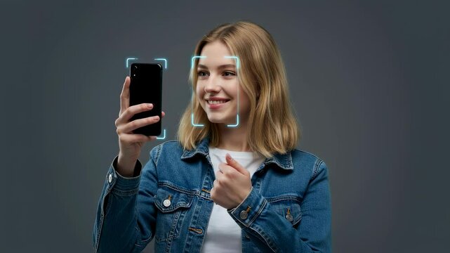 Woman holding phone for facial recognition. Biometric identity scanning technology. Secure access and modern innovation concept footage.