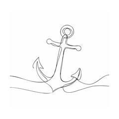 Single Line Drawing Anchor in Waves Nautical Line Art