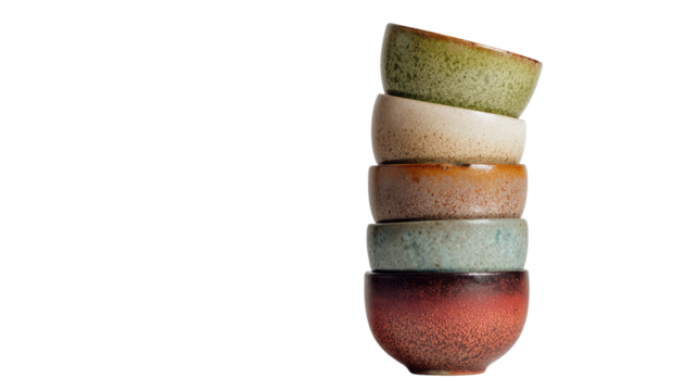 Stack of Ceramic Cups in Descending Size Order on Transparent Background

