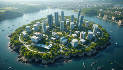 Aerial view of a man-made island city with modern skyscrapers, lush greenery, and surrounding water.