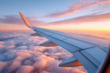 Obraz premium Airplane wing flying above clouds during golden hour sunset