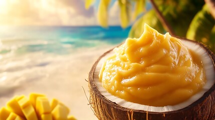 A chilled coconut mango smoothie, in a coconut shell, set against a tropical beach background with room for text