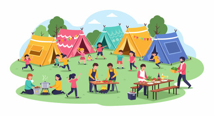 Camping Adventure Scene Children Outdoor Activities Picnic Tents on Green Lawn