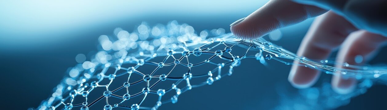 A close-up of a finger gently touching a transparent, flexible mesh structure with glowing interconnected nodes on a blue background, virtual AI hologram