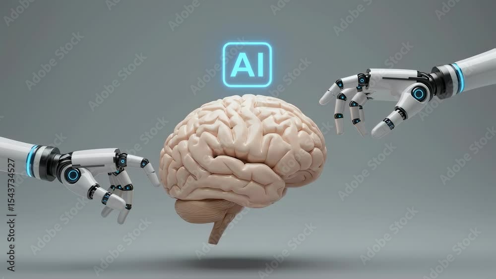 Poster robot hands reaching for human brain with ai symbol above. artificial intelligence and machine learn
