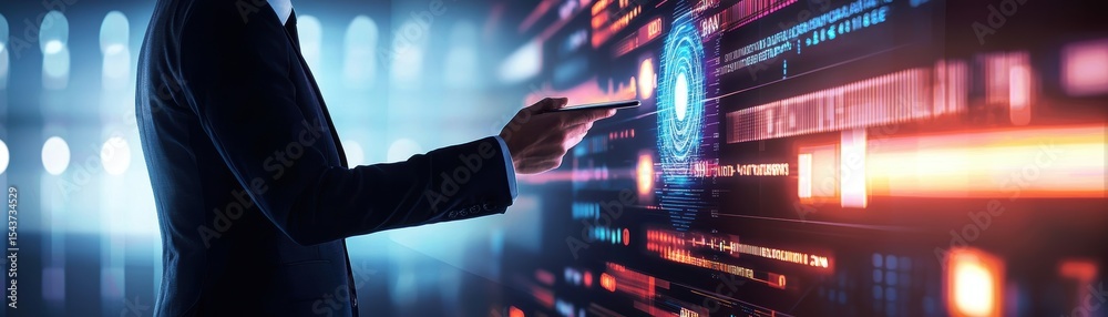 Poster a person interacts with a futuristic digital interface displaying data and cybersecurity elements in