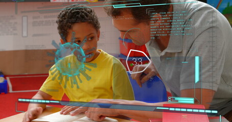 Guiding tutor and student reading open book at desk in classroom, showing holographic virus model