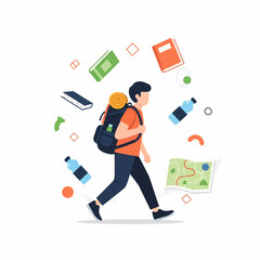 Man hiking with backpack, travel, adventure, outdoor activities, vector illustration