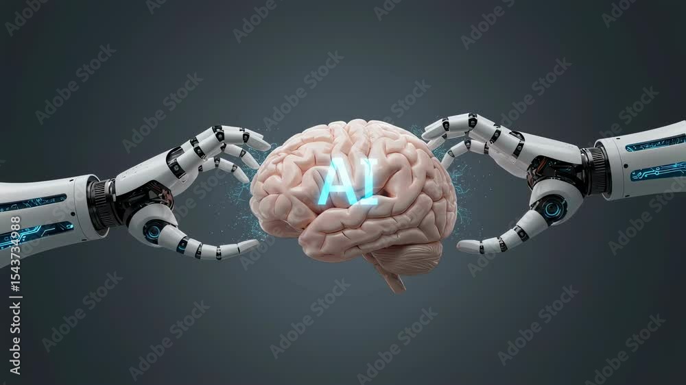 Poster futuristic robot arm manipulating a human brain with an ai interface. artificial intelligence learni