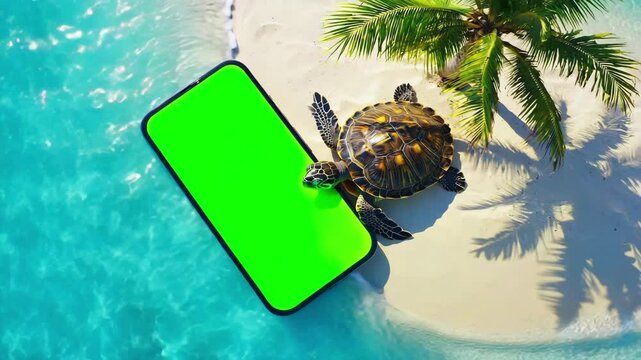 Funny turtle lies on the beach next to the phone chromakey, top view, turtle resting on the ocean shore under a palm tree. Travel concept, business layout, vacation at sea in hot countries