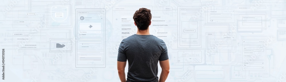 Poster a man stands facing a large digital interface filled with interconnected ui wireframes and design el