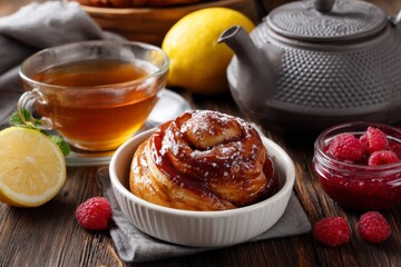 Cinnamon Roll with Tea, Lemon and Raspberry