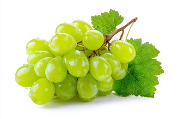 Green Grapes with Leaves on White Background