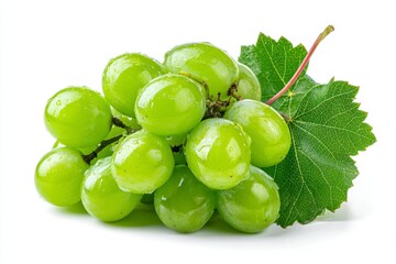 Green Grape Bunch with Leaf on White Background