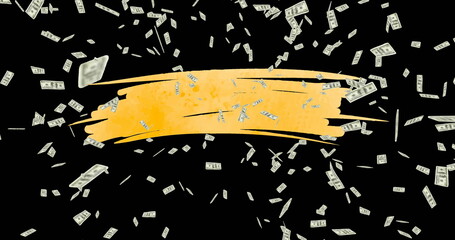 Obraz premium Displaying yellow-orange paint stroke running across illustration, with scattered U