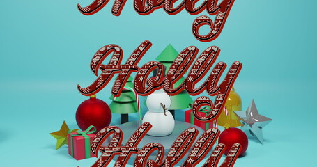 Displaying 3D Holly Jolly text on teal studio surface, with trees, snowman, gifts and ornaments