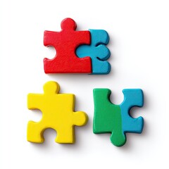 Obraz premium Colorful puzzle pieces forming a connection. Three vibrant wooden puzzle pieces, red, blue, yellow, and green, arranged in a close-knit configuration against a plain white background
