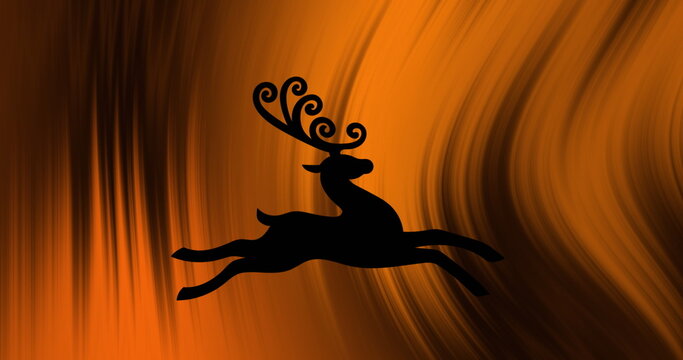 Fototapeta Leaping silhouette deer soaring across swirling orange and brown graphic, with curled antlers