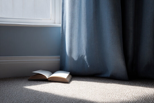 Open book on carpet by window with blue curtain, creating cozy reading nook