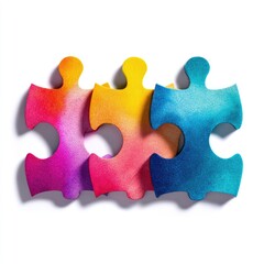 Fototapeta premium Colorful puzzle pieces, three in a row, vibrant colors, forming a connection, suggesting unity, collaboration, and problem-solving