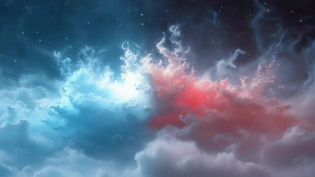 Pulsing red, blue clouds over gray cloud bank under stars in nebula after initial red pulse