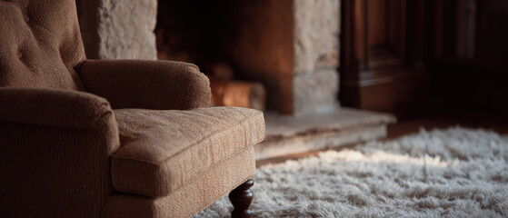 Cozy living room with warm toned armchair and fluffy rug by fireplace