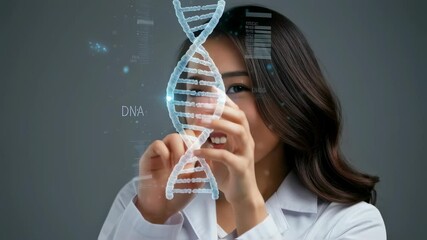 Woman doctor interacting with holographic DNA strand. Scientific research and genetic engineering concept. Biotechnology for medical data footage. - Powered by Adobe