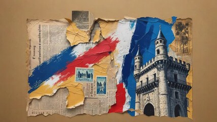 Pulling back camera showing collage of newspaper, paint, stamps and castle tower on beige backing - Powered by Adobe