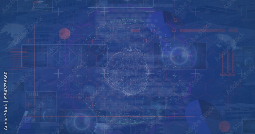 Poster displaying wireframe globe with nodes in virtual interface, showing circular charts and hex grid