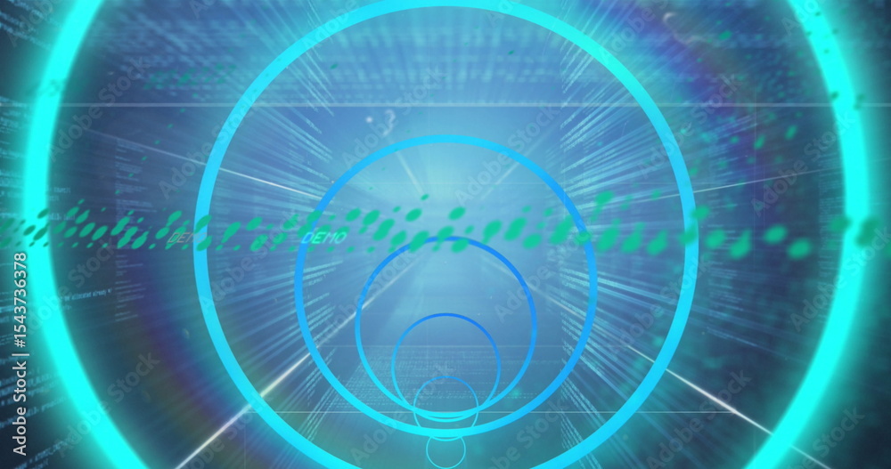 Poster expanding concentric circles on ui with green data stream, radial light beams, scrolling code