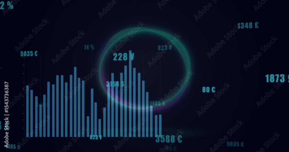 Poster displaying bar chart showing currency values in analytics dashboard with glowing circular highlight