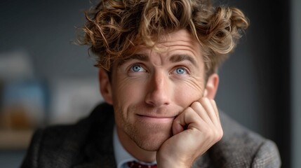 Smiling dreamy young businessman with curly hair daydreaming at workplace, looking upwards thoughtfully. Concept of business creativity, career inspiration, and future planning.