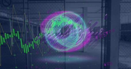 Floating holographic rings displaying bar chart line graph in fenced hall with magenta indicators