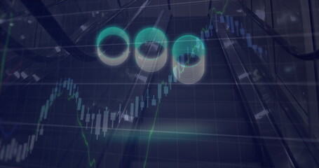 Neon rings floating in atrium, chart overlay, line graph, escalators, glass walls and support beams