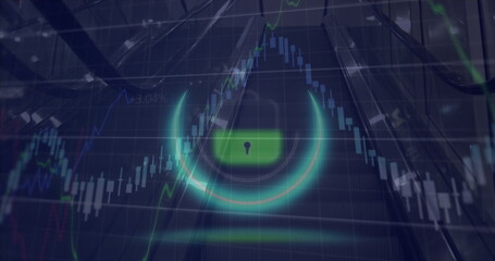 Showing neon ring with green lock icon floating in lobby with candlestick chart, escalator rails