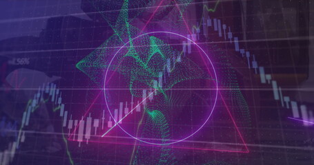 Neon pink circle showing rising line in financial dashboard, with candlestick bars and green mesh